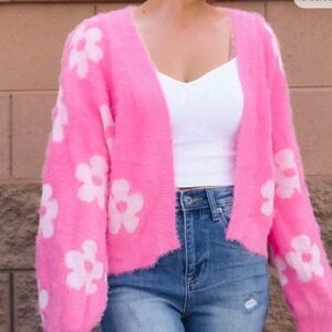 Miss Sparklinh Pink Floral Fuzzy Cardigan, M